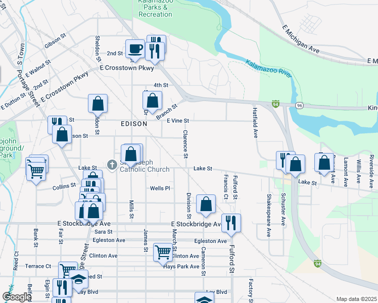 map of restaurants, bars, coffee shops, grocery stores, and more near 925 Clarence Street in Kalamazoo