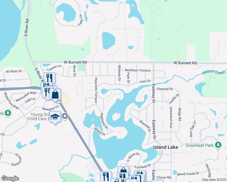 map of restaurants, bars, coffee shops, grocery stores, and more near 110 Circle Drive South in Island Lake
