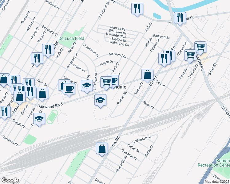 map of restaurants, bars, coffee shops, grocery stores, and more near 17729 Flint Street in Melvindale