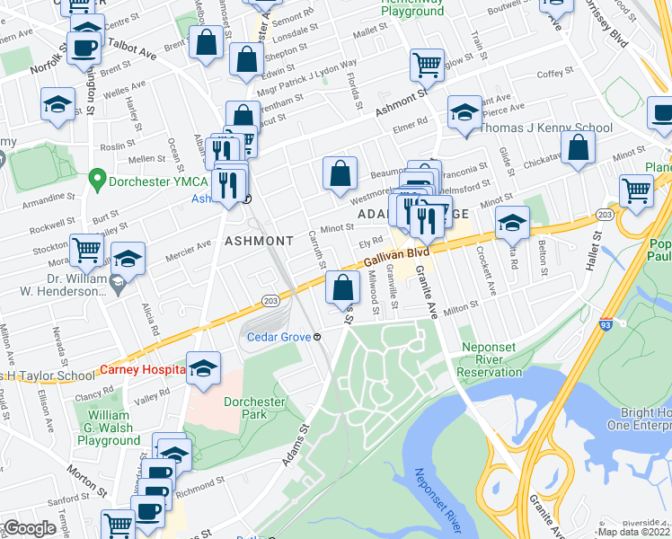 map of restaurants, bars, coffee shops, grocery stores, and more near 424 Gallivan Boulevard in Boston