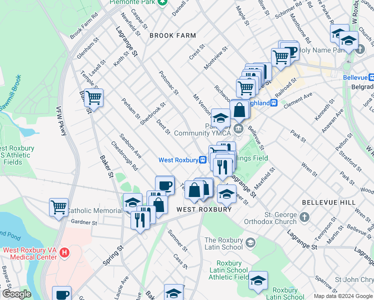 map of restaurants, bars, coffee shops, grocery stores, and more near 31 Dent Street in Boston