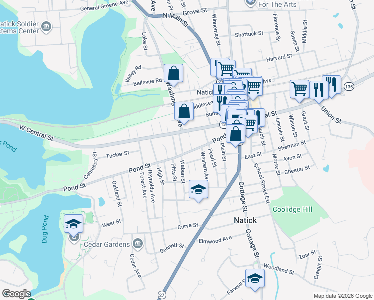 map of restaurants, bars, coffee shops, grocery stores, and more near 57 Pond Street in Natick