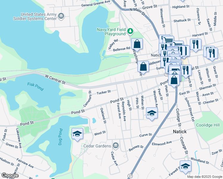 map of restaurants, bars, coffee shops, grocery stores, and more near 5 Tucker Street in Natick