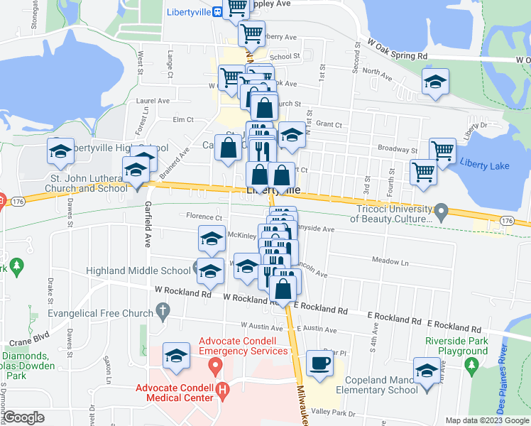 map of restaurants, bars, coffee shops, grocery stores, and more near 112 Sunnyside Place in Libertyville