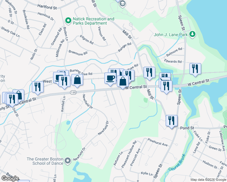 map of restaurants, bars, coffee shops, grocery stores, and more near 214 West Central Street in Natick