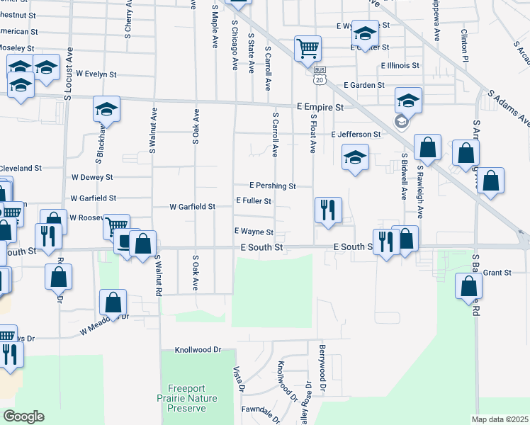 map of restaurants, bars, coffee shops, grocery stores, and more near 118 East Roosevelt Street in Freeport