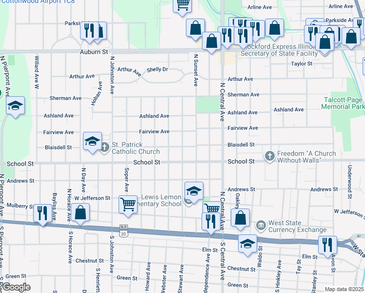 map of restaurants, bars, coffee shops, grocery stores, and more near 599 Albert Avenue in Rockford