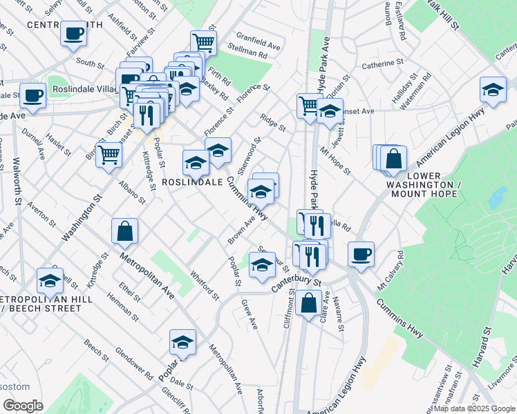 map of restaurants, bars, coffee shops, grocery stores, and more near 70 Brown Avenue in Boston