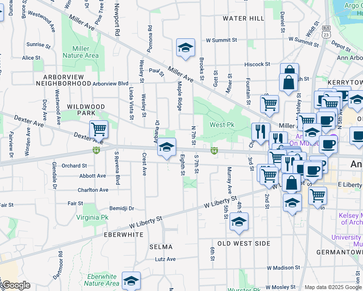 map of restaurants, bars, coffee shops, grocery stores, and more near 1000 West Huron Street in Ann Arbor