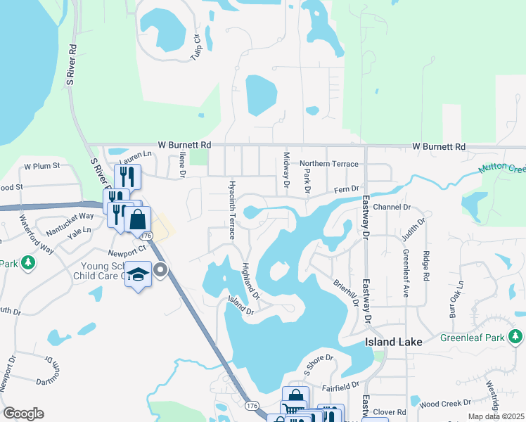 map of restaurants, bars, coffee shops, grocery stores, and more near 110 Circle Drive South in Island Lake