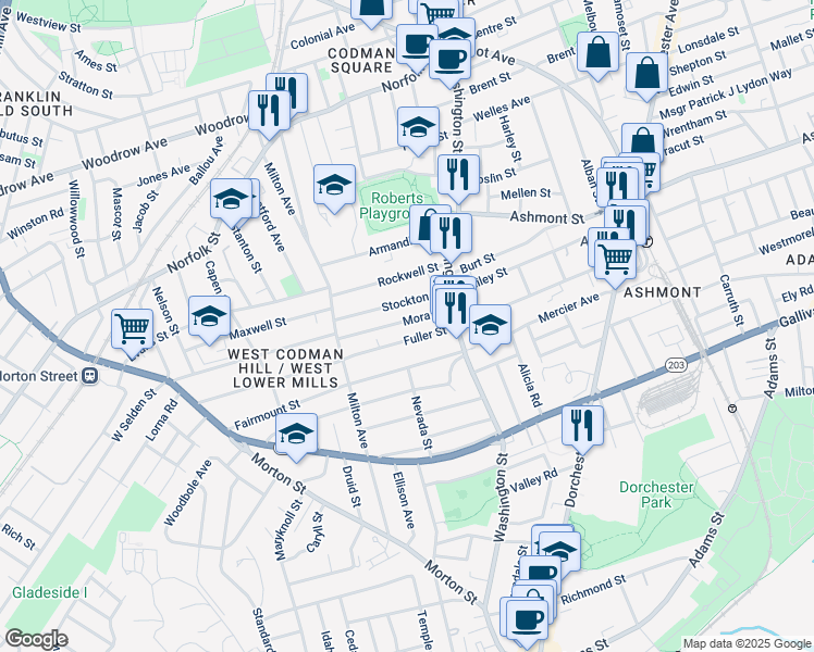 map of restaurants, bars, coffee shops, grocery stores, and more near 44 Mora Street in Boston