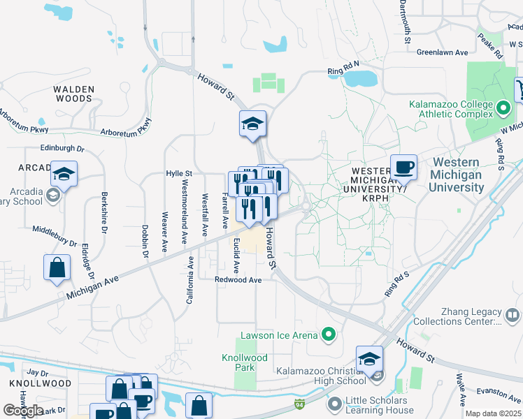 map of restaurants, bars, coffee shops, grocery stores, and more near in Kalamazoo