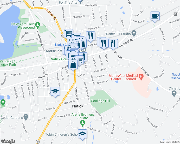 map of restaurants, bars, coffee shops, grocery stores, and more near 25 Morse Street in Natick