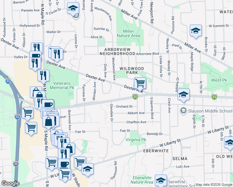 map of restaurants, bars, coffee shops, grocery stores, and more near 117 Grandview Drive in Ann Arbor