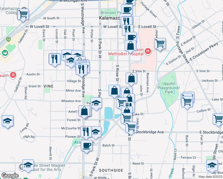 map of restaurants, bars, coffee shops, grocery stores, and more near 218 Burr Oak Street in Kalamazoo