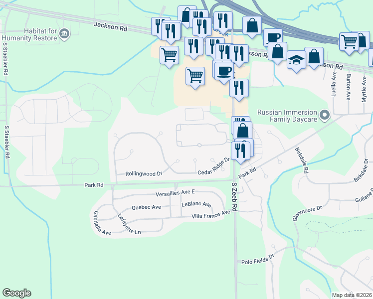 map of restaurants, bars, coffee shops, grocery stores, and more near 5559 Gallery Park Drive in Ann Arbor