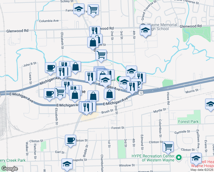 map of restaurants, bars, coffee shops, grocery stores, and more near 34840 West Michigan Avenue in Wayne