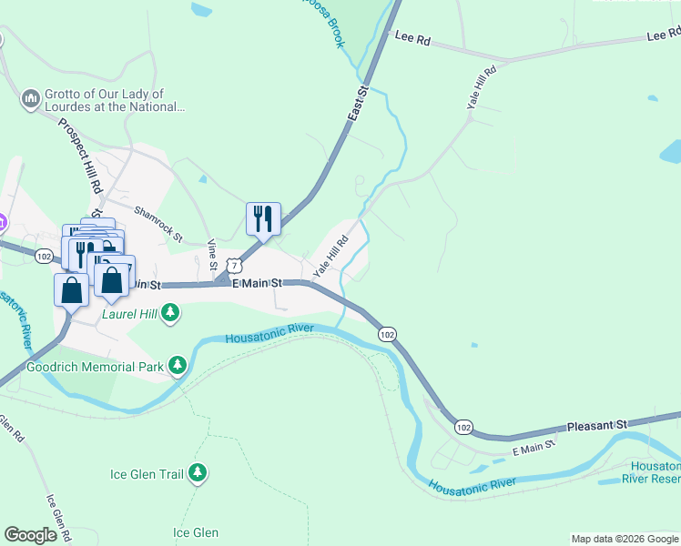 map of restaurants, bars, coffee shops, grocery stores, and more near Sawmill Road in Great Barrington