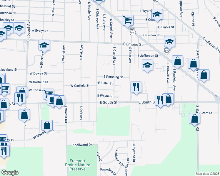 map of restaurants, bars, coffee shops, grocery stores, and more near 118 East Roosevelt Street in Freeport