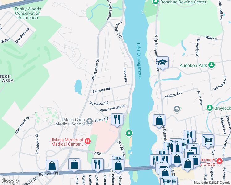 map of restaurants, bars, coffee shops, grocery stores, and more near 10 Ansonia Road in Worcester