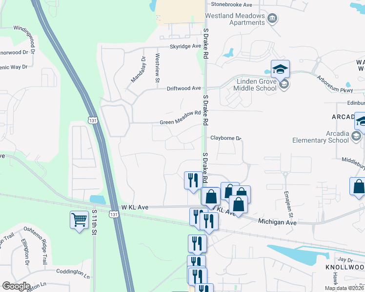 map of restaurants, bars, coffee shops, grocery stores, and more near 766 South Drake Road in Kalamazoo