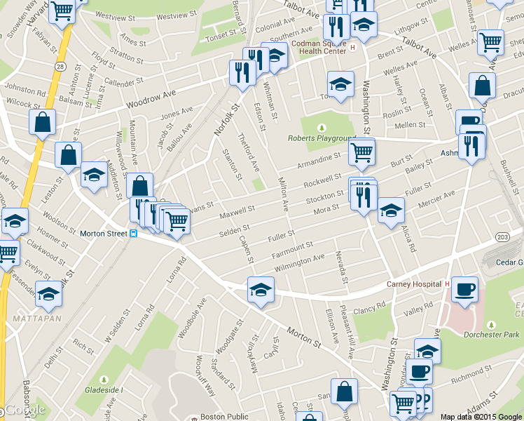 map of restaurants, bars, coffee shops, grocery stores, and more near 30 Maxwell Street in Boston