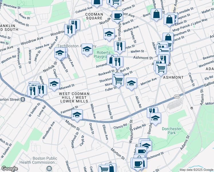 map of restaurants, bars, coffee shops, grocery stores, and more near 44 Mora Street in Boston