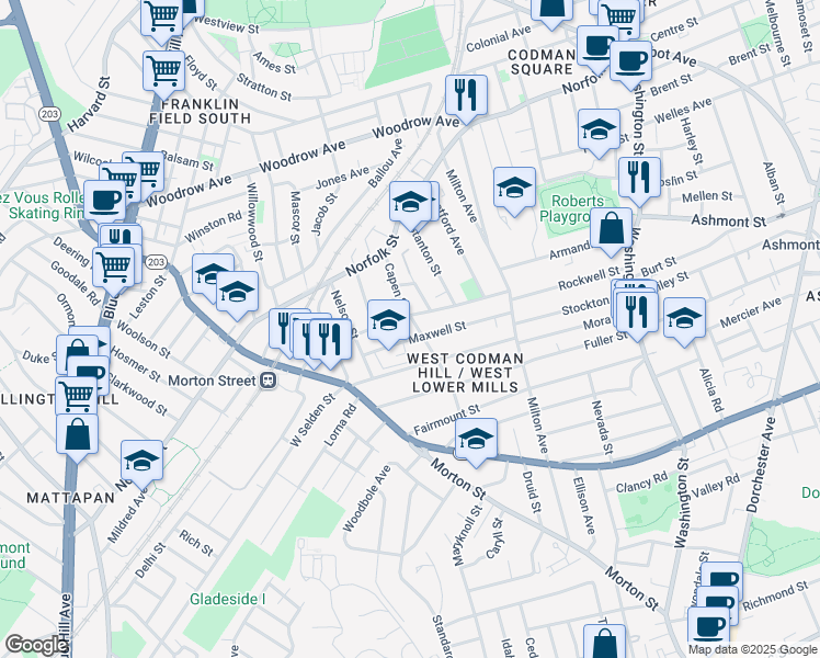 map of restaurants, bars, coffee shops, grocery stores, and more near 65 Capen Street in Boston