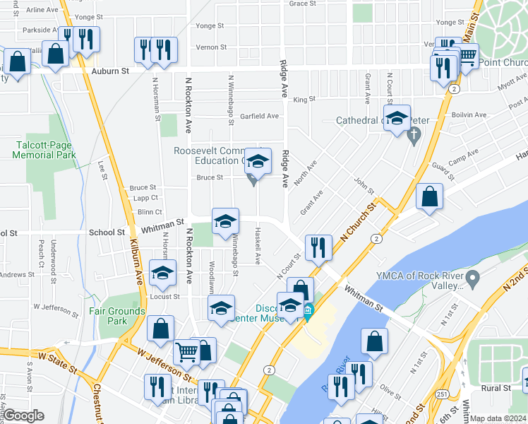map of restaurants, bars, coffee shops, grocery stores, and more near 905 Haskell Avenue in Rockford