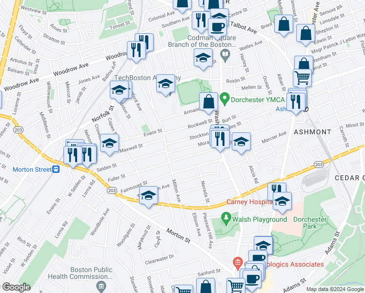 map of restaurants, bars, coffee shops, grocery stores, and more near 73 Mora Street in Boston