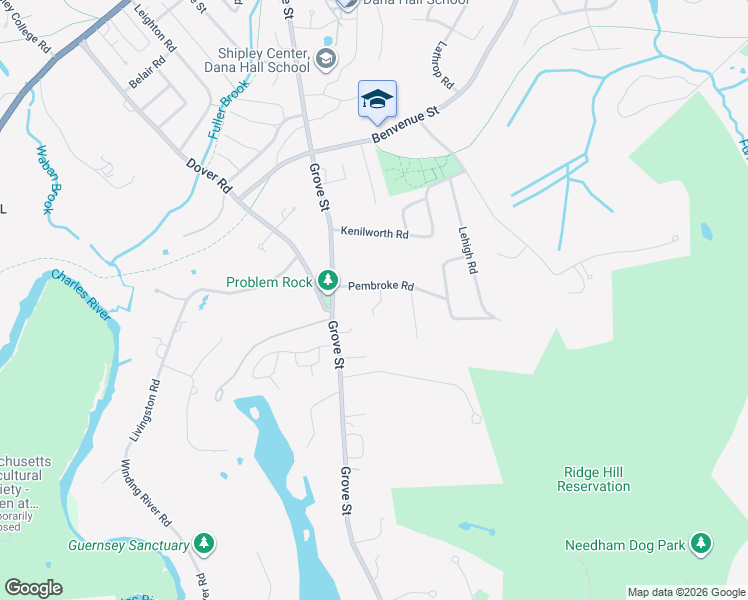 map of restaurants, bars, coffee shops, grocery stores, and more near 17 Pembroke Road in Wellesley