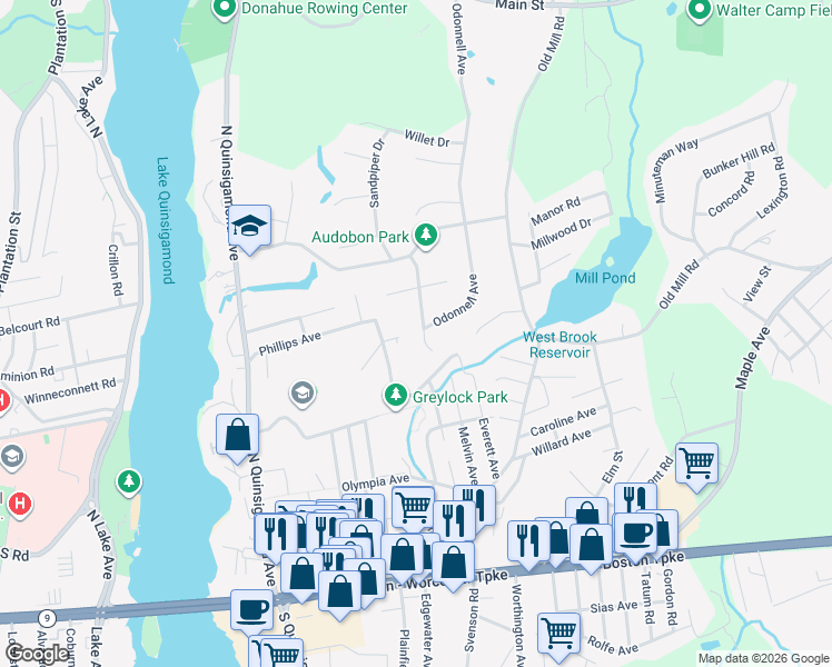 map of restaurants, bars, coffee shops, grocery stores, and more near 20 Ptarmigan Drive in Shrewsbury