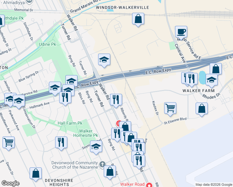 map of restaurants, bars, coffee shops, grocery stores, and more near 3162 Riberdy Road in Windsor