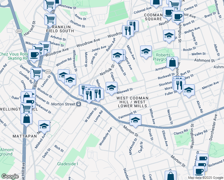 map of restaurants, bars, coffee shops, grocery stores, and more near 91-93 Maxwell Street in Boston