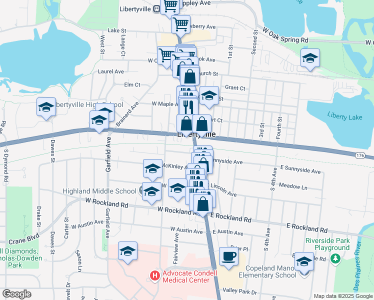 map of restaurants, bars, coffee shops, grocery stores, and more near 120 Sunnyside Place in Libertyville