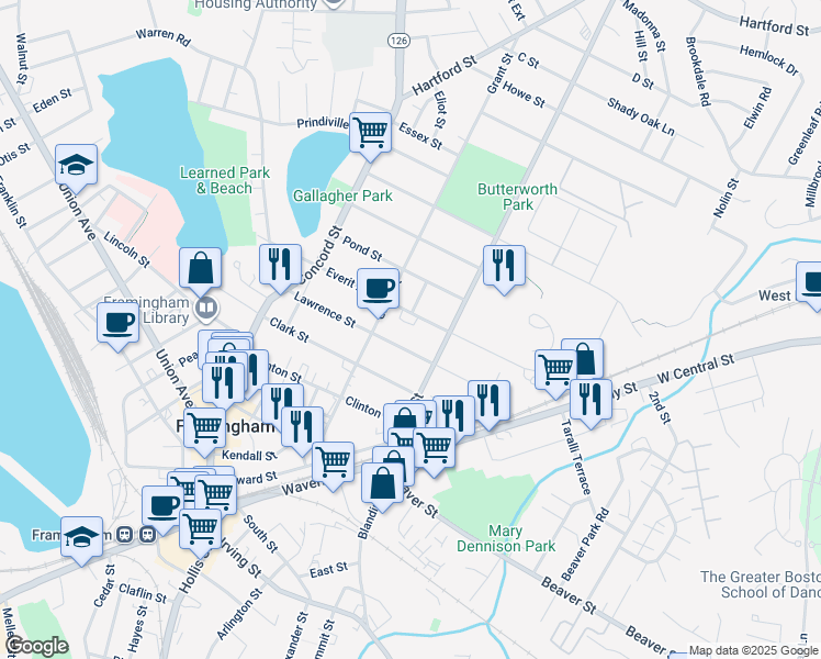 map of restaurants, bars, coffee shops, grocery stores, and more near 7 Everit Circle in Framingham