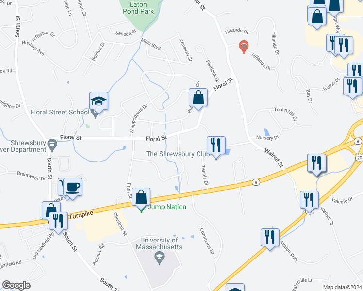 map of restaurants, bars, coffee shops, grocery stores, and more near 26 Arbor Drive in Shrewsbury
