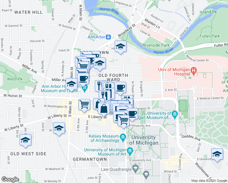 map of restaurants, bars, coffee shops, grocery stores, and more near 510 East Ann Street in Ann Arbor