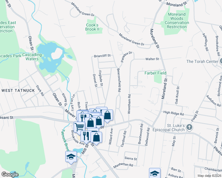 map of restaurants, bars, coffee shops, grocery stores, and more near 110 Copperfield Road in Worcester