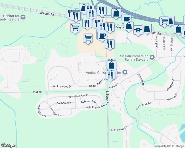 map of restaurants, bars, coffee shops, grocery stores, and more near 5535 Gallery Park Drive in Ann Arbor