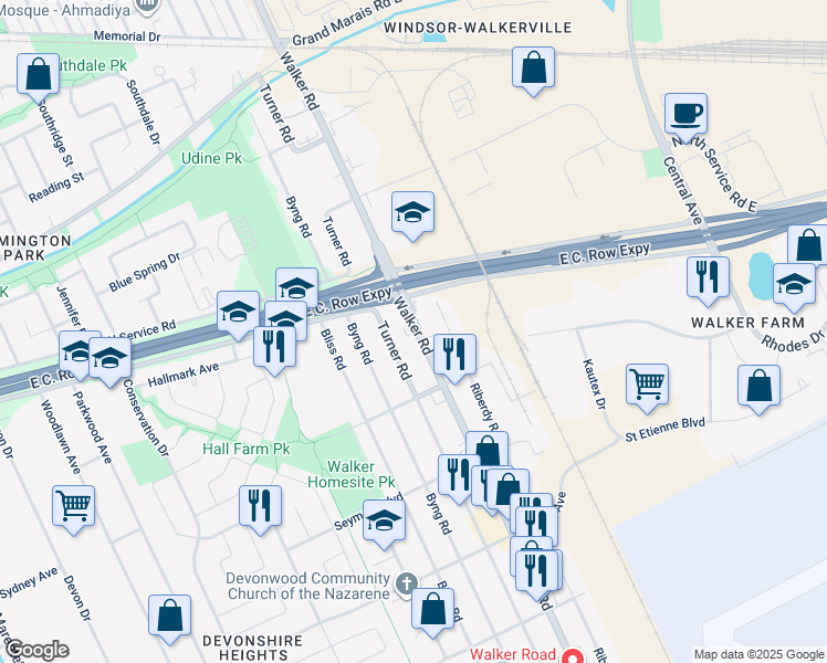 map of restaurants, bars, coffee shops, grocery stores, and more near 3143 Walker Road in Windsor