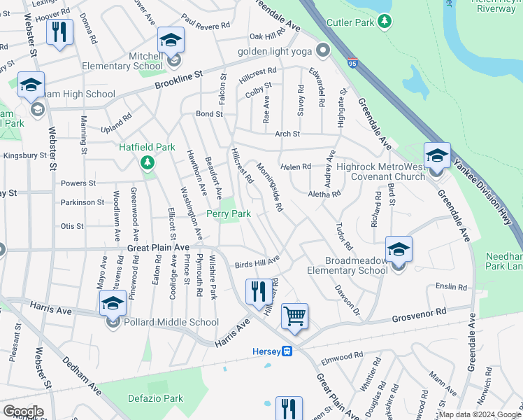 map of restaurants, bars, coffee shops, grocery stores, and more near 176 Hillcrest Road in Needham