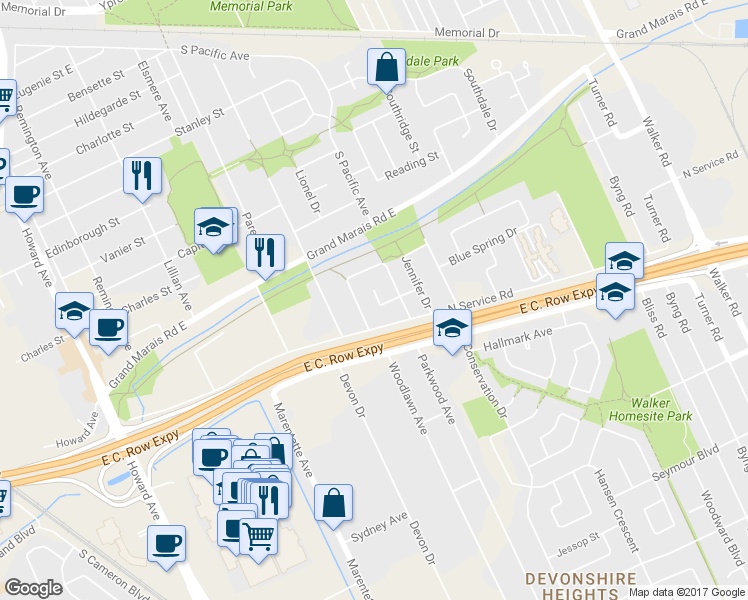 map of restaurants, bars, coffee shops, grocery stores, and more near 2965 Braemar Court in Windsor