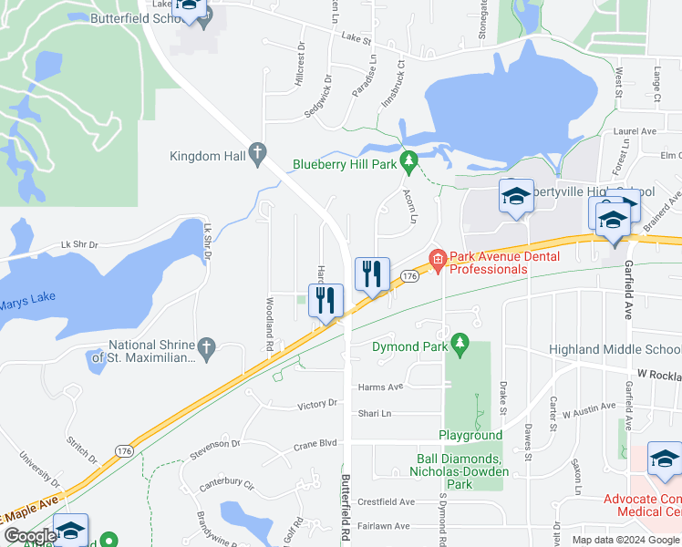 map of restaurants, bars, coffee shops, grocery stores, and more near 219 North Butterfield Road in Libertyville