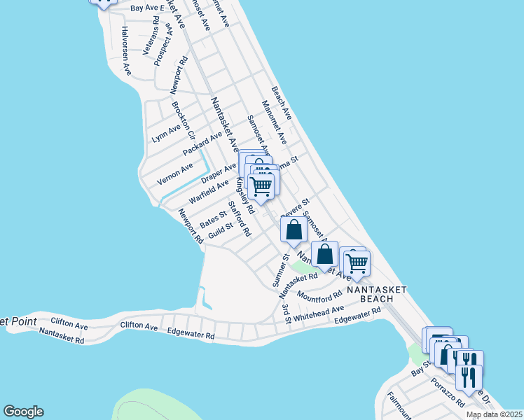 map of restaurants, bars, coffee shops, grocery stores, and more near 505 Nantasket Avenue in Hull