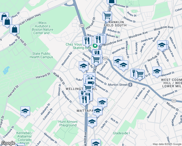 map of restaurants, bars, coffee shops, grocery stores, and more near 1253 Blue Hill Ave in Boston