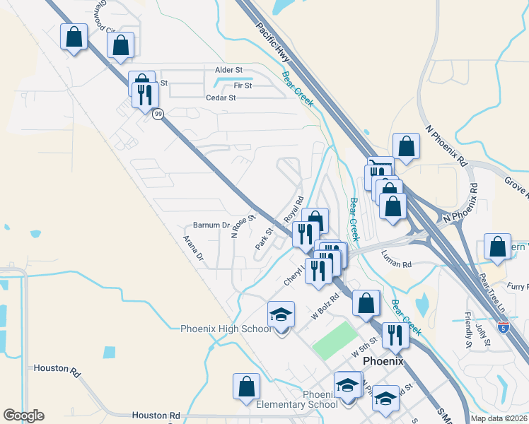 map of restaurants, bars, coffee shops, grocery stores, and more near 1101 North Ross Lane in Medford