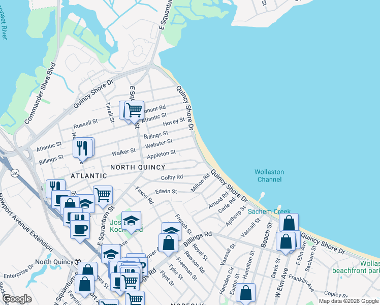 map of restaurants, bars, coffee shops, grocery stores, and more near 77 Appleton Street in Quincy