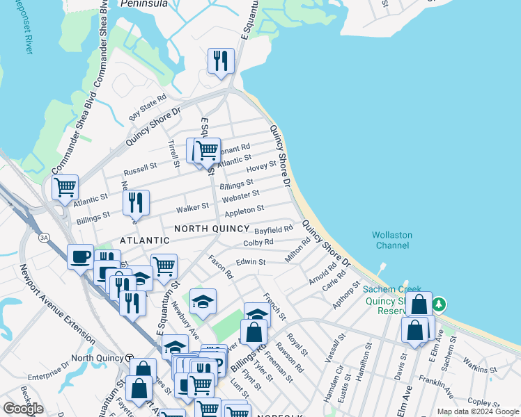 map of restaurants, bars, coffee shops, grocery stores, and more near 46 Appleton Street in Quincy