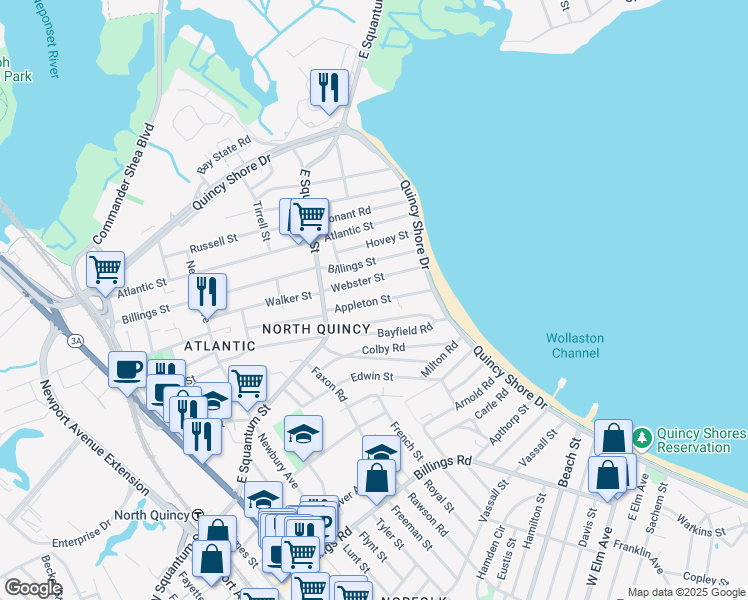 map of restaurants, bars, coffee shops, grocery stores, and more near 46 Appleton Street in Quincy